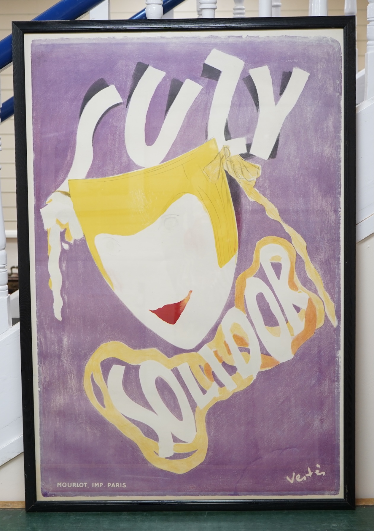 A framed poster entitled; Suzy Solidor, with credits and signature along on the lower edge; Mourlot Imp. Paris, Vestis, 117.5 x 78cm